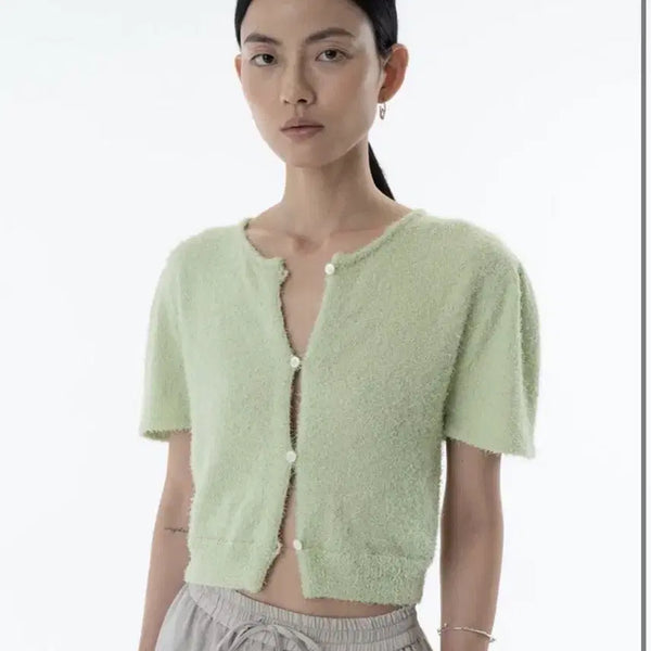[BUNJANG] Amomento Short Sleeve Cardigan Olive Green / 아모멘토(amomento) 반팔 가디건 올리브그린