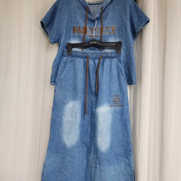 [BUNJANG] Blue Denim Short Sleeve Top and Long Skirt Set / 청 데님  반팔  스커트 세트