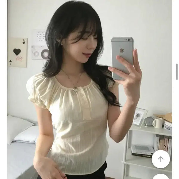 [BUNJANG] A-bly Round Ribbon Puff Blouse (Cream) / 에이블리 라운드 리본 퍼프 블라우스 ( 크림색상