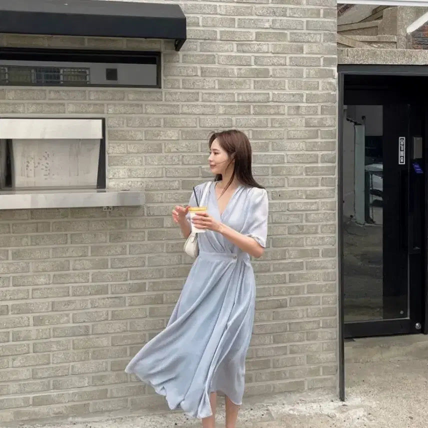 [BUNJANG] Ririncô Sky Blue Wrap Dress M New Arrival / 리리앤코 하늘색 랩 원피스 M 새상품
