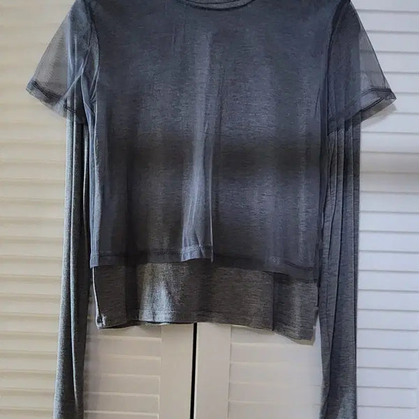 [BUNJANG] Women's Grey See-through Layered Long Sleeve T-Shirt / (새상품) 여성 그레이 시스루 레이어드 긴팔 티셔츠