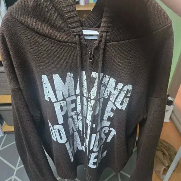 [BUNJANG] Brown Knit Hooded Zip-Up / 브라운 니트 후드집업