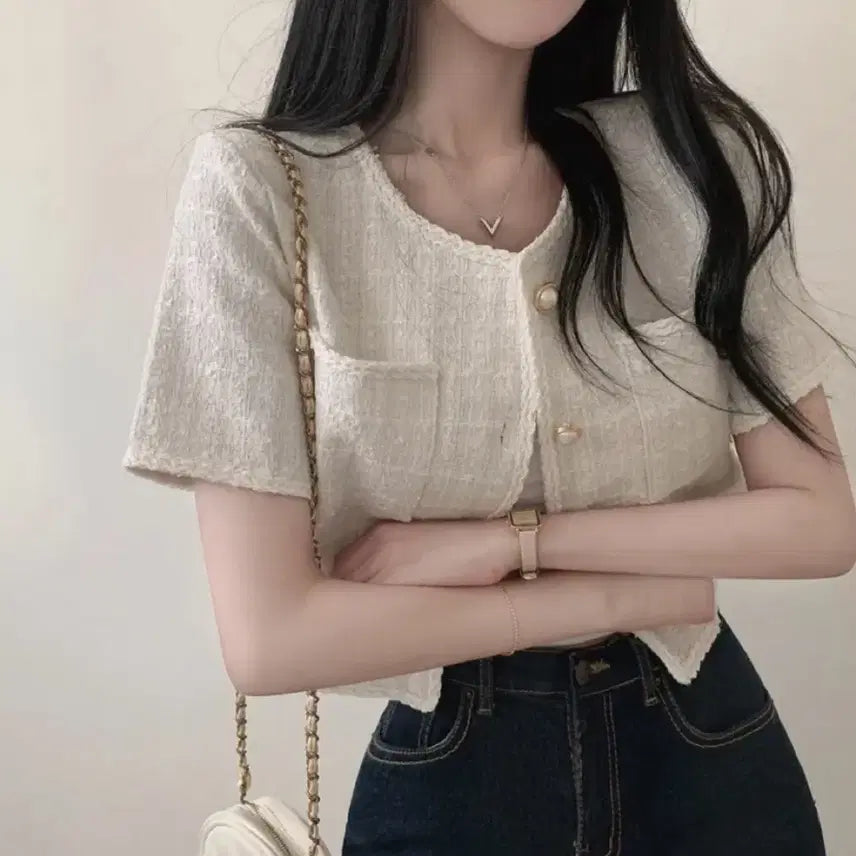 [BUNJANG] Tweed Pearl Short Sleeve Cropped Jacket / 교신O) 트위드 크롭 진주 반팔 자켓