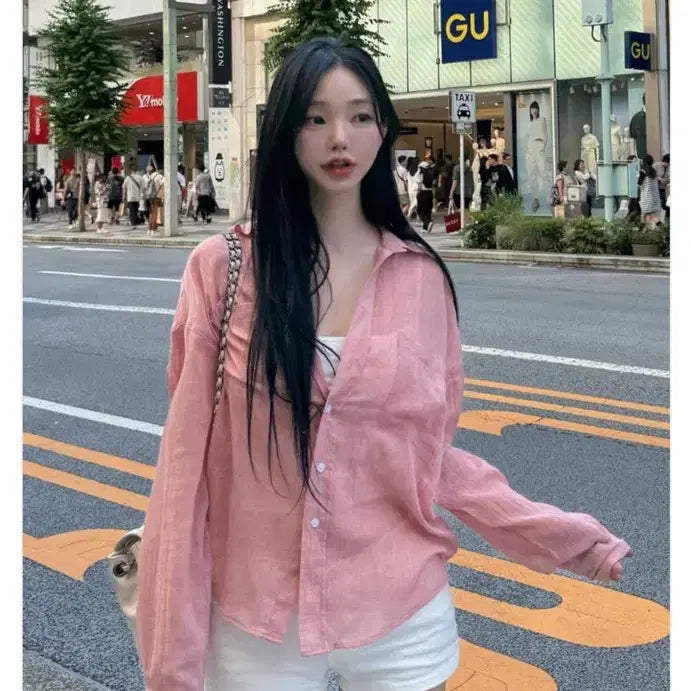 [BUNJANG] Kinda Mii Sunscreen Boyfriend Shirt Pink / 카인다미 썬스크린 보이프렌 셔츠 핑크[새상품]