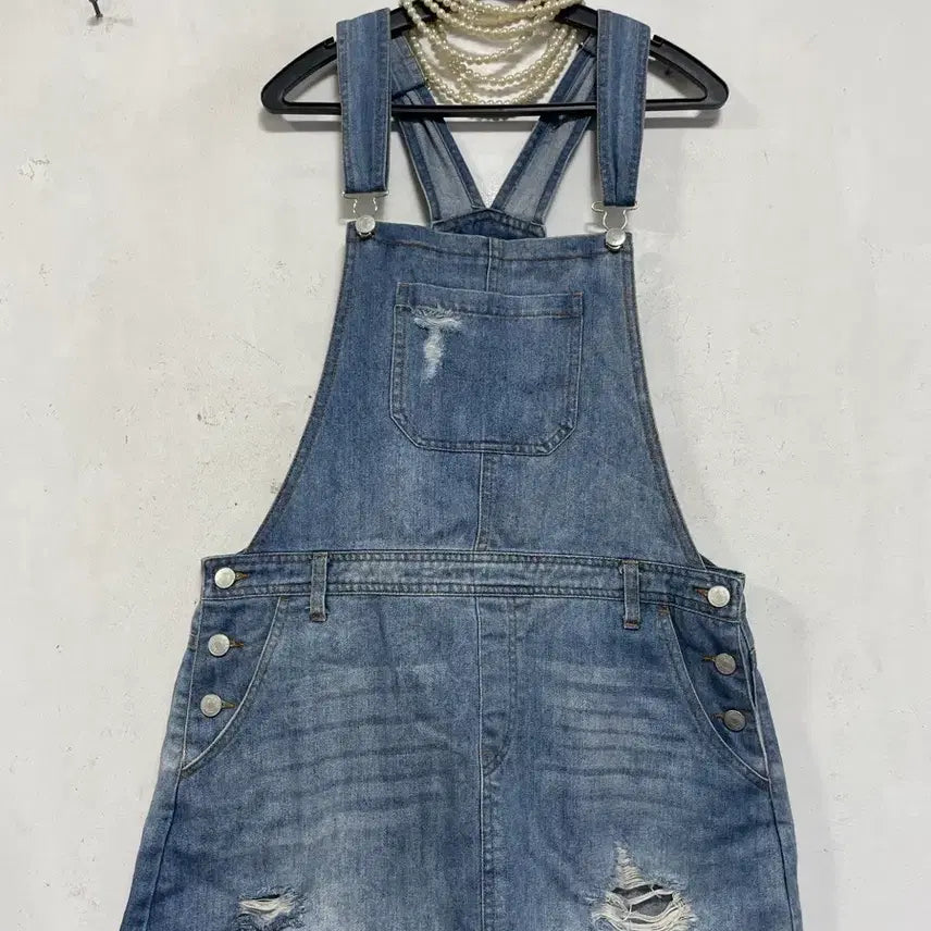 [BUNJANG] J for Justify Distressed Denim Pinafore Dress / N6767 J for Justify 멜빵 청 원피스.디스트로이드.데님.찢청