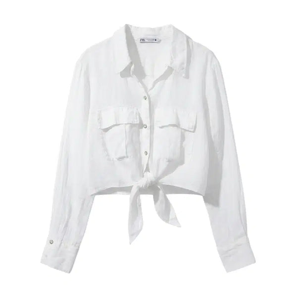 [BUNJANG] Zara Linen Blend Tie-Front Shirt / 여성L/ 자라 린넨 마 묶음 셔츠 빈티지킹