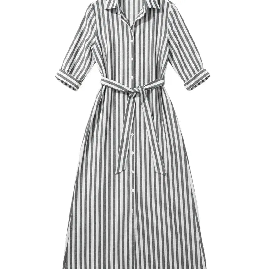[BUNJANG] Striped Linen-Feel Waist Tie Maxi Dress / 여성S/ 마 린넨 느낌 허리끈 스트라이프 롱 원피스 빈티지킹