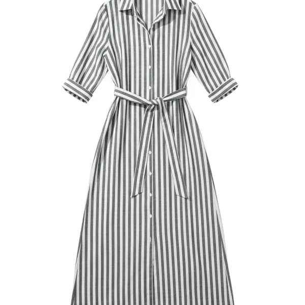 [BUNJANG] Striped Linen-Feel Waist Tie Maxi Dress / 여성S/ 마 린넨 느낌 허리끈 스트라이프 롱 원피스 빈티지킹