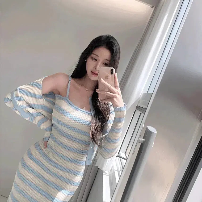[BUNJANG] Stripe Sleeveless Dress Cardigan Set / 스트라이프 나시 원피스  가디건 세트