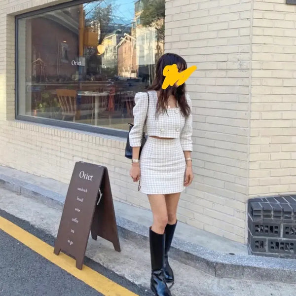 [BUNJANG] Checked Tweed Crop Jacket Skirt Set / 체크 트위드 크롭 자켓 스커트 세트 수입의류