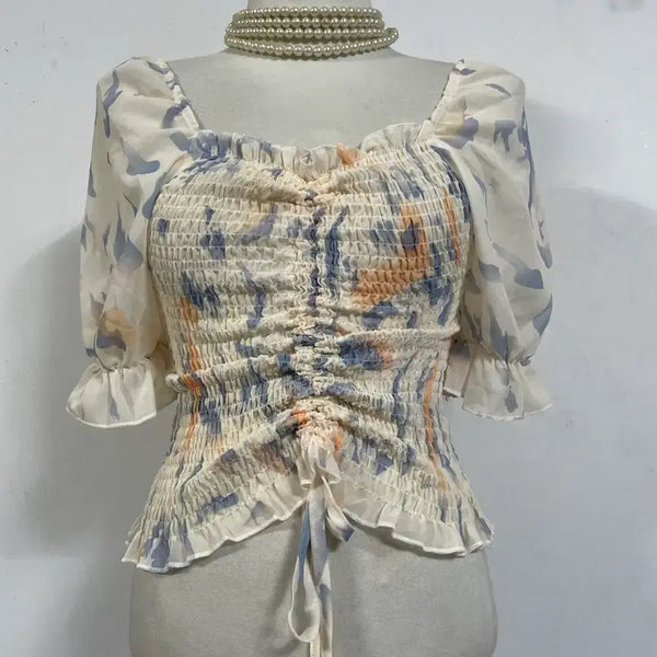 [BUNJANG] Chiffon Puff Shirring Blouse with Smocked Banding / 특가새)N6774 퍼프 셔링 쉬펀 블라우스.스모크밴딩.크롭