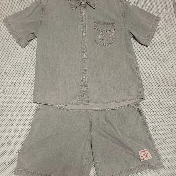 [BUNJANG] True Religion Pigment Denim Set (Short Sleeve Shirt + Elastic Shorts) - Size S / [정품/S] 트루릴리젼 피그먼트 데님 셋업 (반팔 셔츠 + 밴딩 숏팬츠)