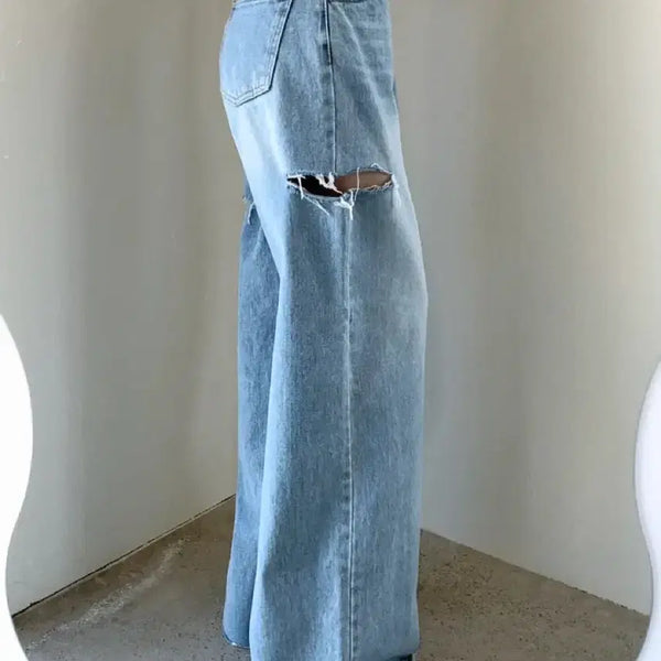 [BUNJANG] Wide Leg Ripped Denim Jeans - Size S / 새상품) 옆찢 와이드 데님 청바지
