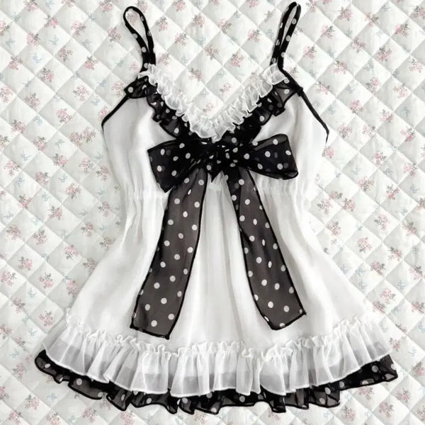 [BUNJANG] Satin Ribbon Dot Pattern Camisole / 새틴 리본 도트 패턴 나시 일녀 양산형 지뢰계모리걸땡땡이에이블리무신사