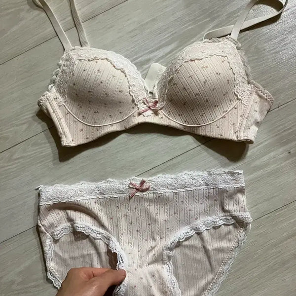 [BUNJANG] Floral Embroidery Pink Lace Bra Panty Set / 꽃자수 핑크 레이스 브라 팬티 세트
