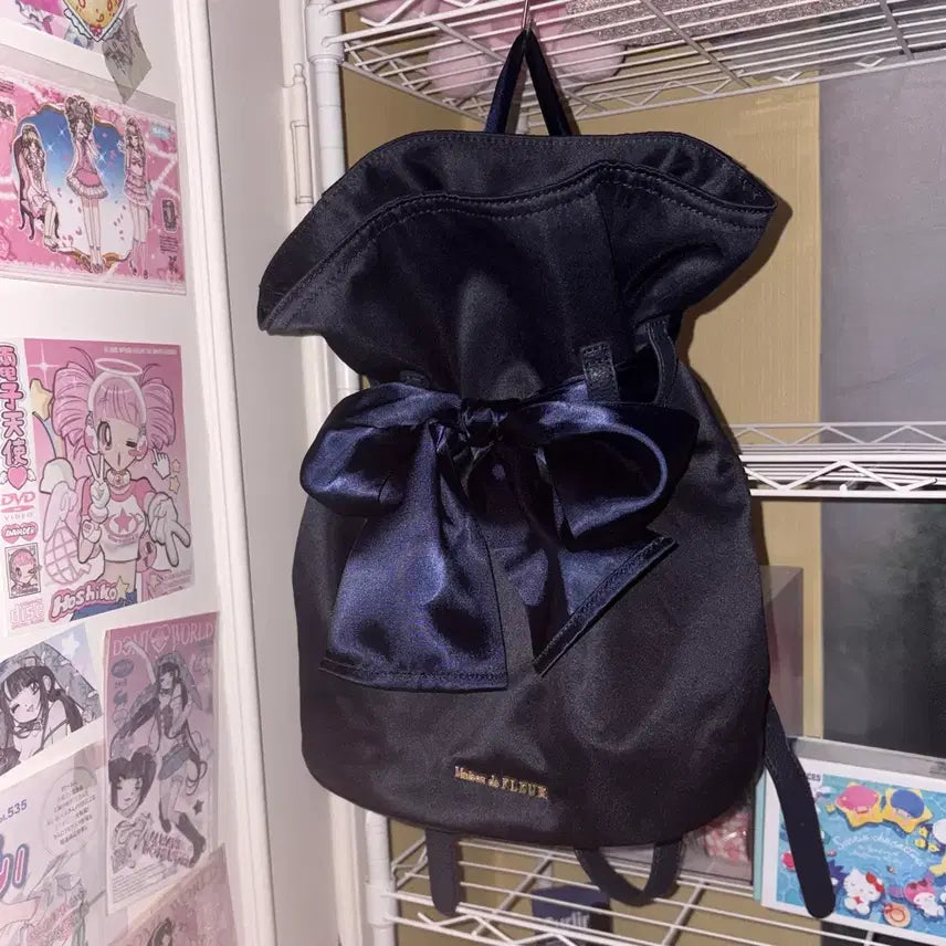 [BUNJANG] Maison de FLEUR Liane Drawstring Ribbon Backpack Navy / 메종 드 플뢰르 리아느 리본 백팩 네이비 양지뢰 양산형 지뢰계 서브컬쳐 일녀 메종드플뢰르