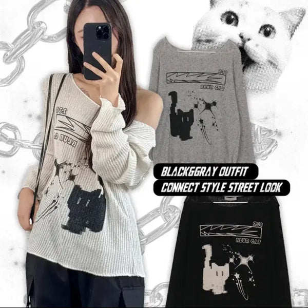 [BUNJANG] Bloo Cat Printing See-through Net Knit Melange (Gray) / 블러캣 프린팅 시스루 그물 니트 메란지(그레이)