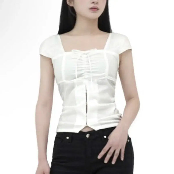 [BUNJANG] Foryou Shirring Blouse White / 포어링 유어 셔링 블라우스