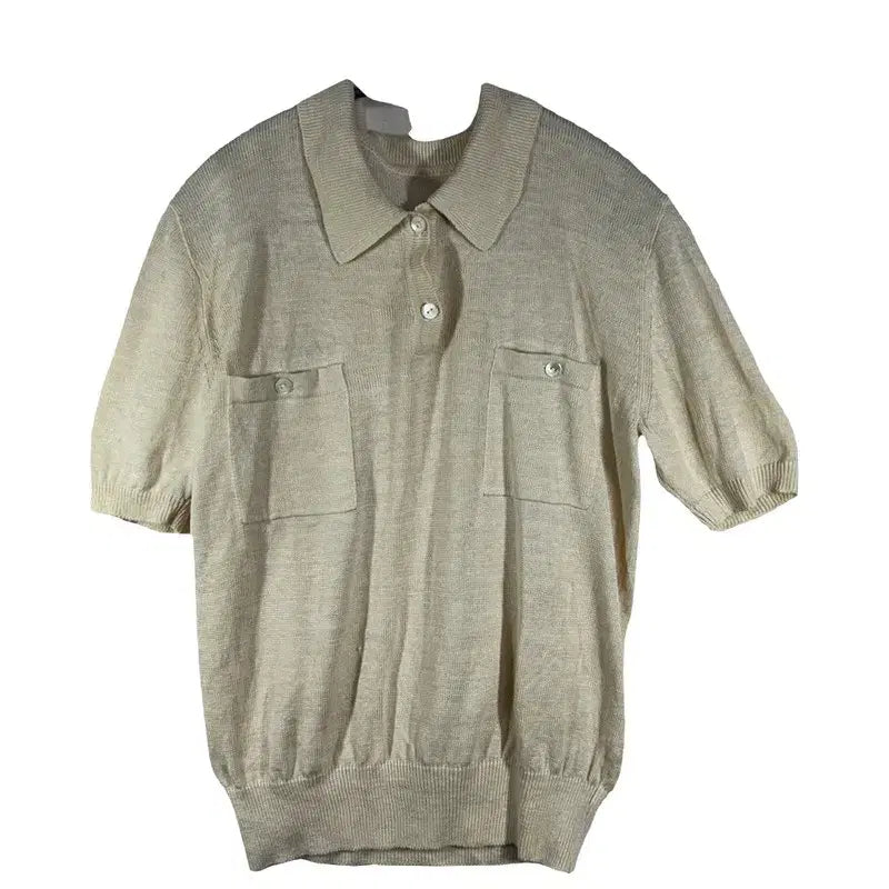 [BUNJANG] Linen Blend Beige Knit Collar T-Shirt [M] / 린넨 베이지 니트무드 카라티 [M]
