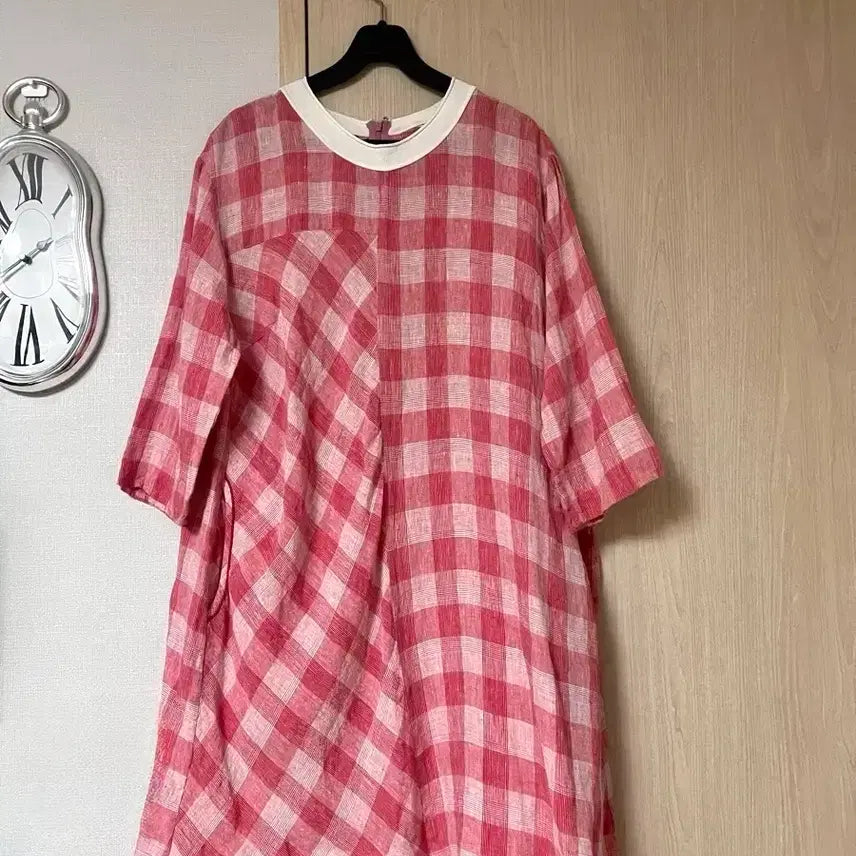 [BUNJANG] iSAE 100% Linen Check Tunic Dress/Blouse - Red, Summer Short Sleeve / 이새 iSAE 린넨100% 체크 원피스 겸 롱 블라우스 레드 여름 반팔 티셔츠 언발 패턴 튜닉