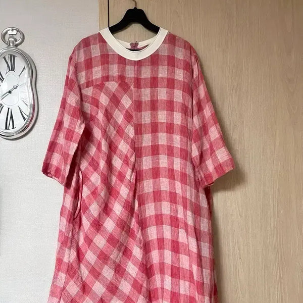 [BUNJANG] iSAE 100% Linen Check Tunic Dress/Blouse - Red, Summer Short Sleeve / 이새 iSAE 린넨100% 체크 원피스 겸 롱 블라우스 레드 여름 반팔 티셔츠 언발 패턴 튜닉