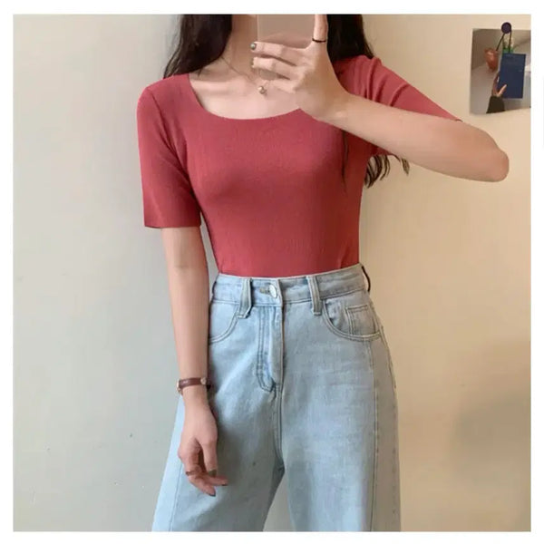 [BUNJANG] Square Neck Ribbed Cropped T-Shirt / 스퀘어넥 브릭레드 티셔츠(새상품)