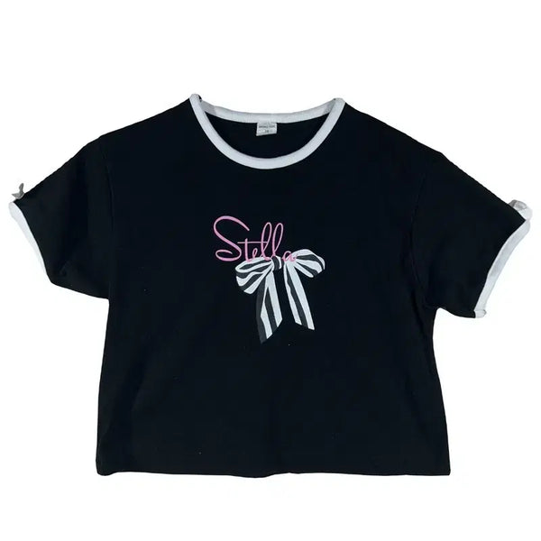 [BUNJANG] Kids Black Kitsch Ribbon Cropped Short-Sleeve T-Shirt [Size 13] / 키즈 아동 블랙 키치 리본 크롭 반팔 티 [13]