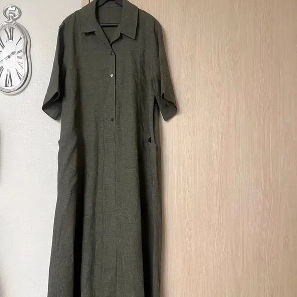 [BUNJANG] BRUNCH&;BR Linen Blend Loose Fit Long Shirt Dress Khaki / 브런치 BRUNCH BR 반팔 셔츠 원피스 카키 롱 린넨 루즈핏 임부복 임산부