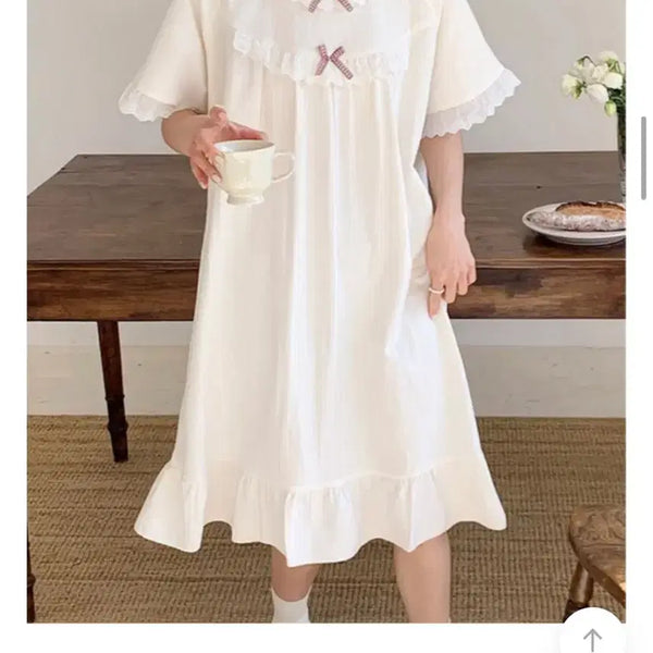 [BUNJANG] Frilled Ribbon Pajama Dress (New) / 프릴 리본 잠옷원피스(새상품)
