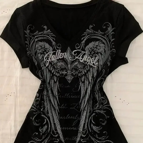 [BUNJANG] Black Angel Printing Off-Shoulder T-Shirt / 블랙 엔젤 프린팅 오프숄더 티셔츠