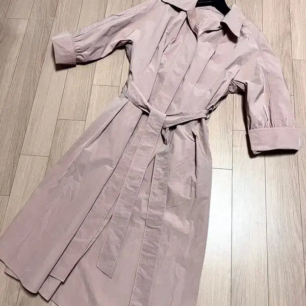 [BUNJANG] Stinger Crepe Shirt Dress with Puff Sleeves and Belted Waist (Pink) / 제평 스팅거 바스락 롱 셔츠 원피스 핑크 stinger 볼륨 퍼프 소매 밴딩 벨트 벨티드 핀턱