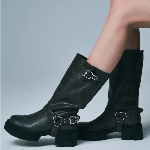 [BUNJANG] Salt&Chocolate Round Toe Rider Buckle Boots Grey 240 / 솔트앤초콜릿 라운드 토 라이더 버클부츠 그레이 240