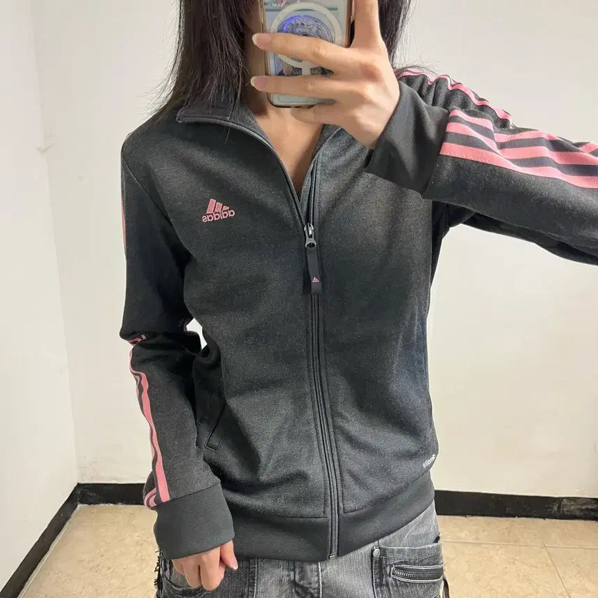 [BUNJANG] Adidas Women's Grey & Pink Track Jacket / 아디다스 그레이핑크 져지