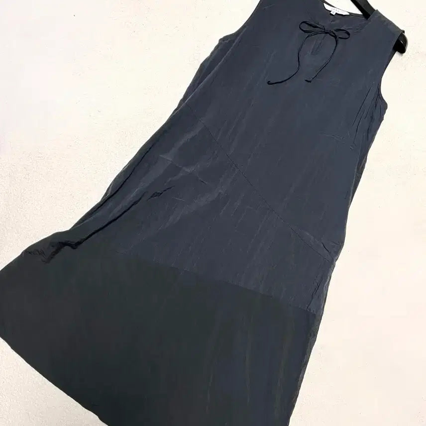 [BUNJANG] LEHO Linen Blend A-Line Ribbon Neck Sleeveless Long Dress Charcoal Gray / 제평 르호 LEHO 바스락 인견 나일론 A라인 리본넥 나시 롱원피스 민소매 여름 차콜그레이 먹색