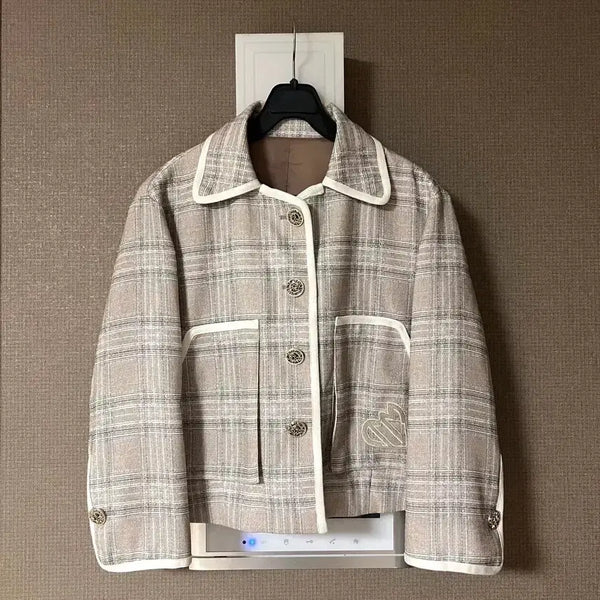 [BUNJANG] High-Quality Linen Check Crop Jacket - Beige Color Block Embroidery / 국산고퀄 린넨 체크 크롭 자켓 베이지 배색 자수 숏 봄여름 오피스룩 하객룩 출근룩