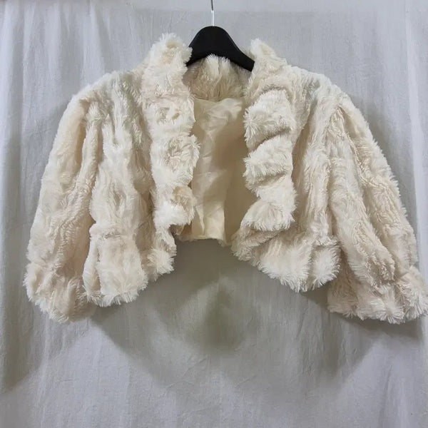 [BUNJANG] Vintage Cotton Faux Fur Bolero Cardigan - Ivory / (23일까지 할인) 일본 구제 빈티지 코튼 페이크 퍼 아이보리 볼레로 가디건