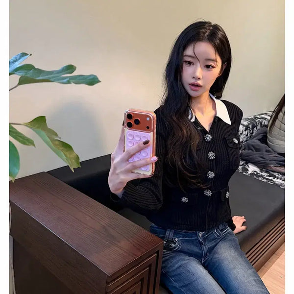 [BUNJANG] New Jewelry Line Collar Cardigan - Black / White / [새상품/수입의류] 신상 쥬얼리 라인 카라 가디건 - 블랙 / 화이트