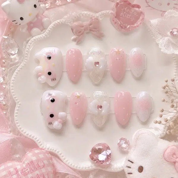 [BUNJANG] Handmade Nail Tips - Strawberry Milk Angel Wing Cheek Gel with Kitty Glasses Design / 안경키티 딸기우유 엔젤윙 치크젤 수제네일팁