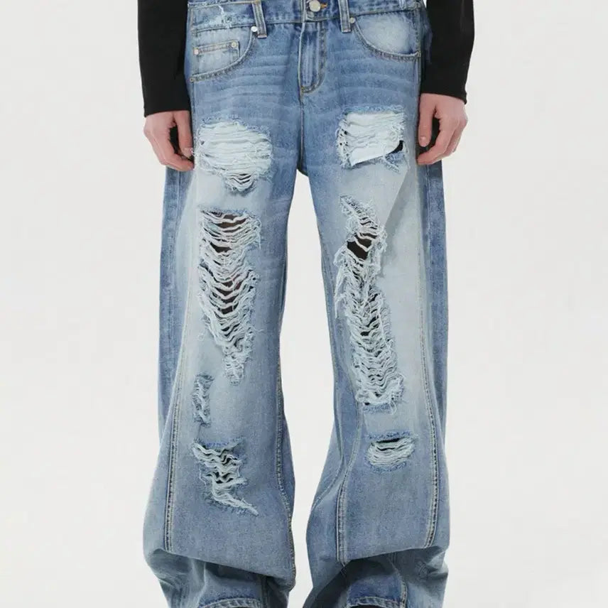 [BUNJANG] DNSR Distorted Double Obi Denim Pants Light Blue / DNSR 디앤에스알 디스트로이드 더블 오비 데님 팬츠 라이트블루 S