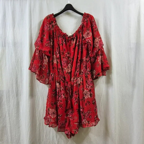 [BUNJANG] Vintage Red Floral Pattern Ruffle Jumpsuit / 일본 구제 빈티지 레드 플라워 패턴 프릴 점프수트