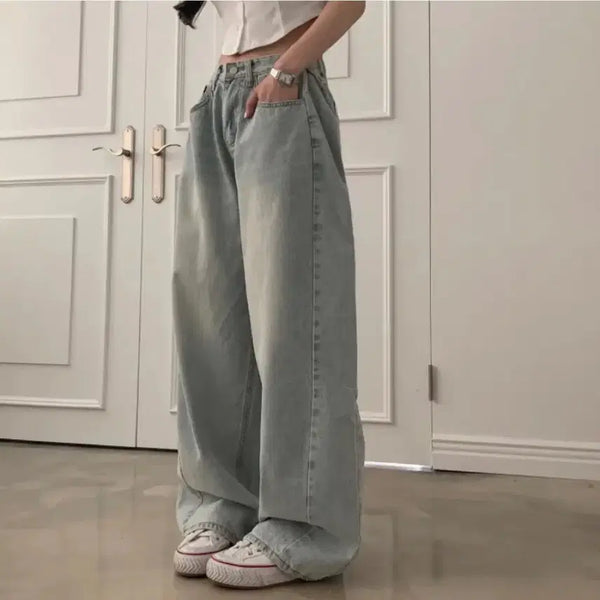 [BUNJANG] Washed Wide Denim Pants (Light Blue) / 사이드 핀턱 워싱 와이드 데님팬츠(연청)