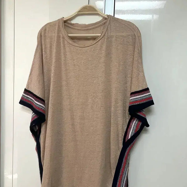 [BUNJANG] SYSTEM 100% Linen Cape Knit Summer Blouse / 한섬 시스템 린넨100% 썸머 케이프 니트 SYSTEM 블라우스 여름 판초 배색 롱티셔츠