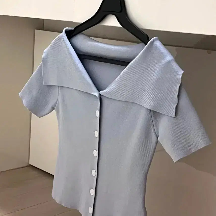 [BUNJANG] if you Wide Neck Off-Shoulder Sailor Button Knit Top / 이프유 if you 와이드넥 빅카라 반팔 니트 오프숄더 세일러 단추 버튼 가디건 여름 블루 하늘색 소라색