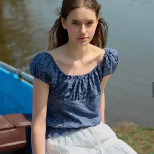 [BUNJANG] Letter From Moon Monte Bending Frill Check Summer Blouse (Navy/M) / [레터프롬문] 몬테 밴딩 프릴 체크 여름 블라우스 (네이비/m)