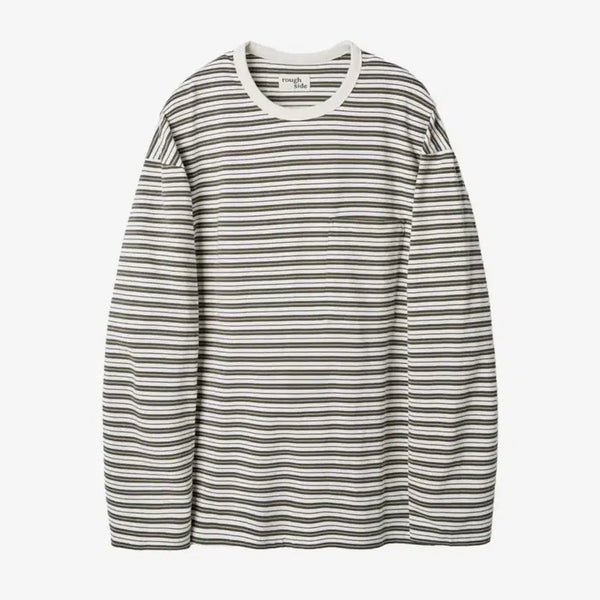 [BUNJANG] Rough Side Stripe Long Sleeve Olive / 러프사이드 스트라이프 롱슬리브 올리브