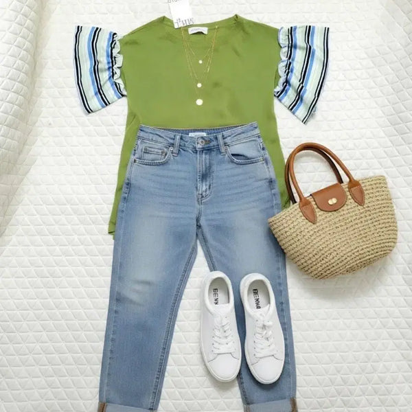 [BUNJANG] Women's Short-Sleeve Ruffle Knit T-Shirt (Size 55-66) / 새상품 55~66 반팔 니트 여성 여자 프릴 티셔츠 정장 캐주얼