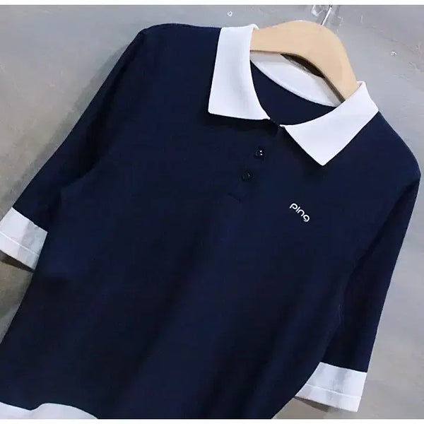 [BUNJANG] Ping Golf Colorblock Collar Short-Sleeve Knit Top Women's 95 / 핑 골프 배색 카라 반팔 니트 (여성95)