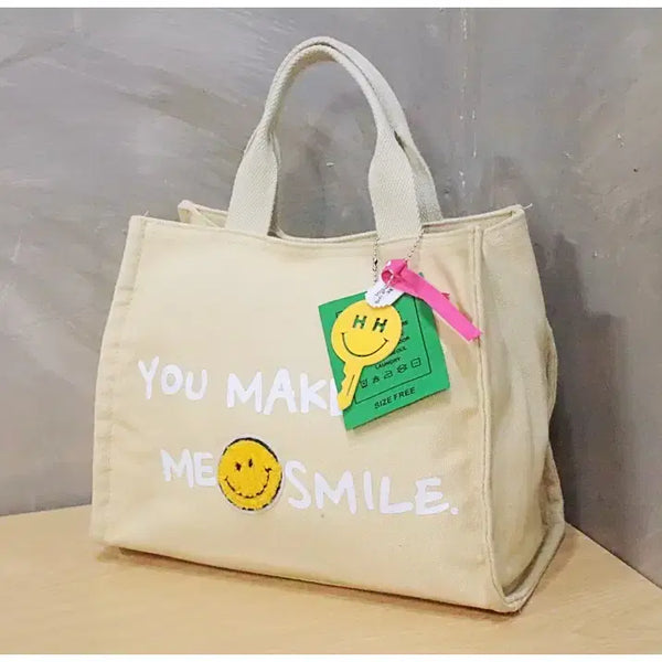 [BUNJANG] Make Me Smile Keyring Canvas Tote Bag / 메이크미 스마일 키링 캔버스 토트백