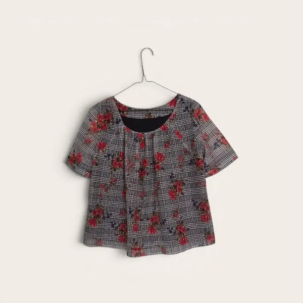 [BUNJANG] Floral Check Pattern Blouse / 플라워 체크 패턴 블라우스