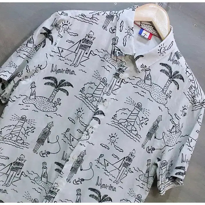 [BUNJANG] Castelbajak Summer Artwork Linen Short-Sleeved Shirt (Men's 95) / 까스텔바작 썸머 아트웍 린넨 반팔 셔츠 (남성95)
